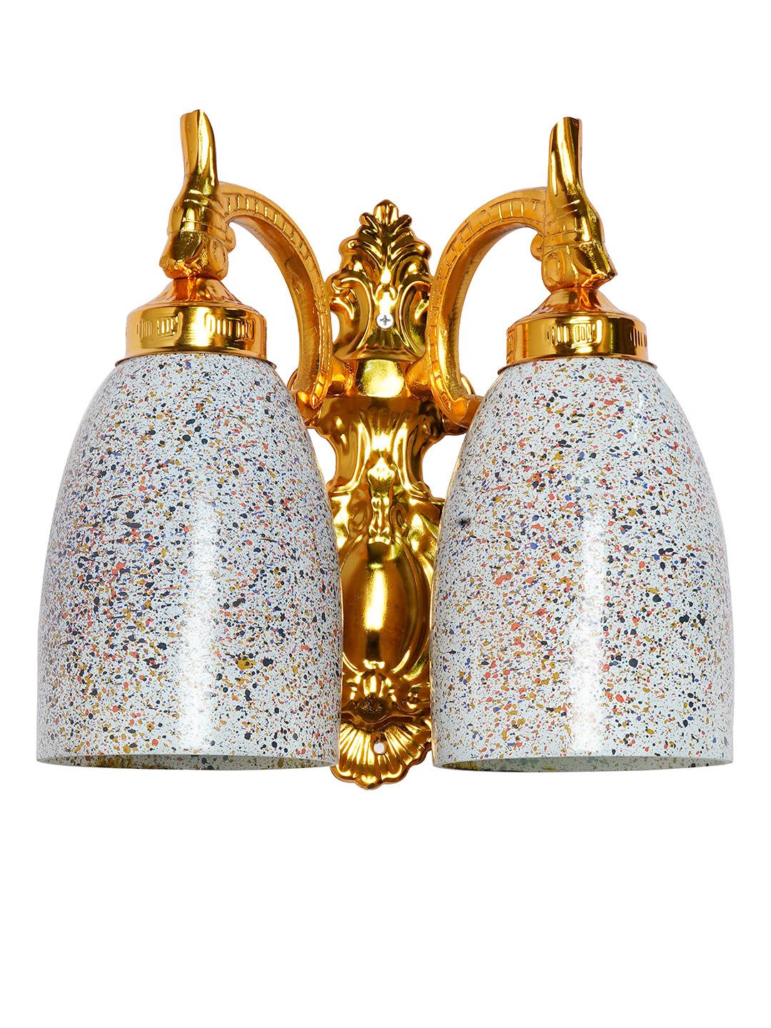 Opulent Gold Double Wall Sconce with Multicolor Speckled Glass Shades