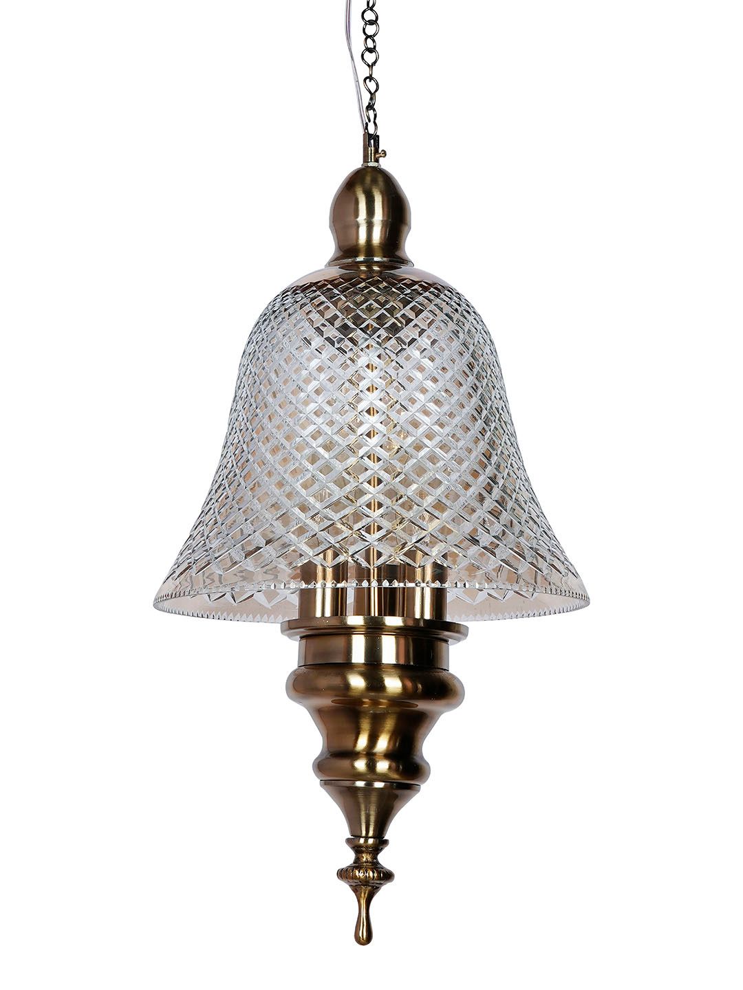 Elegant Antique Brass 3-Light Bell Pendant with Golden Cut Glass Shade