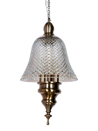 Elegant Antique Brass 3-Light Bell Pendant with Golden Cut Glass Shade