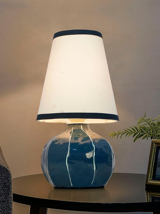 Enamel Blue Melon Shaped Table Lamp Hand-Painted White Lines Modern Accent