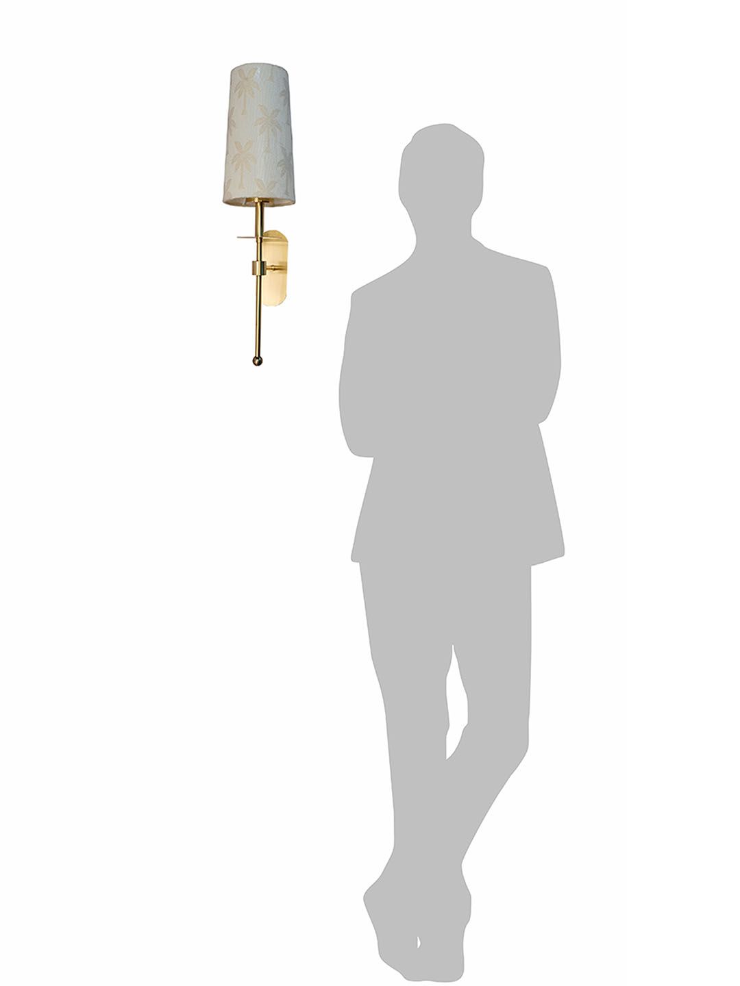 Decorative Antique Brass Long Arm Wall Sconce, Palm Motif Fabric Shade, E27 Holder