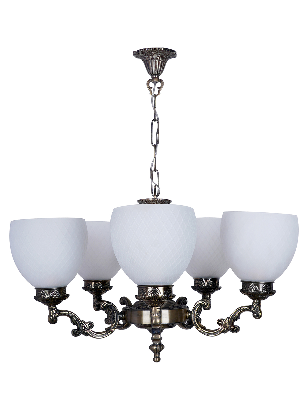 Ornate Antique Brass Aluminium 5-Light Chandelier with Frosted Diamond Glass Shades