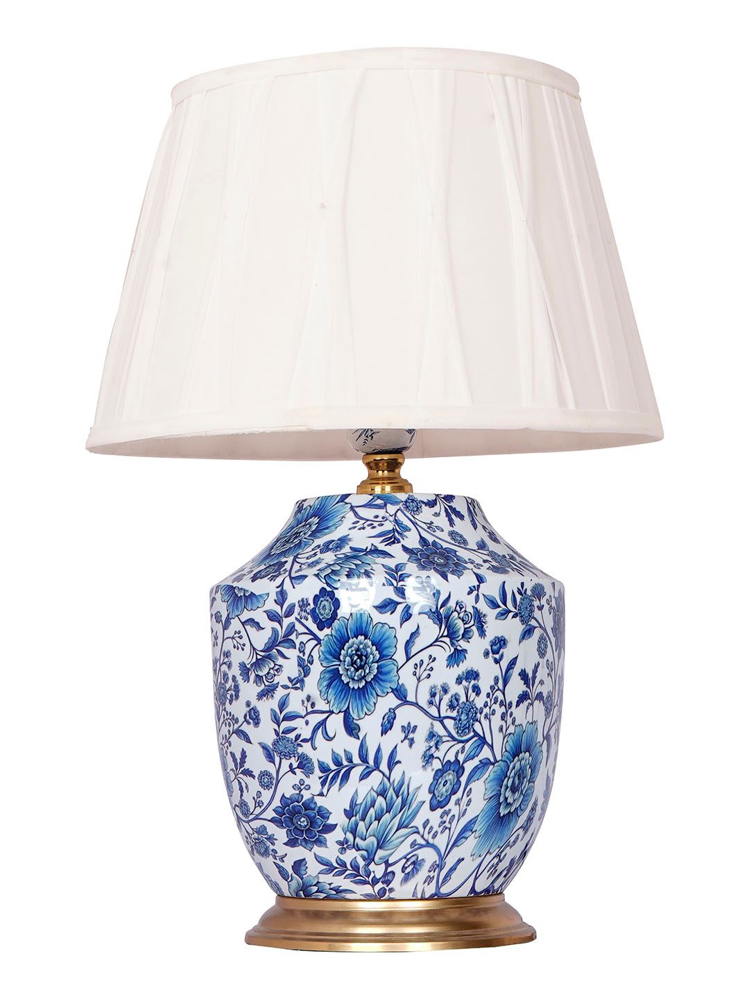 Elegant Chinoiserie Blue Pottery Table Lamp with Ivory Pleated Shade