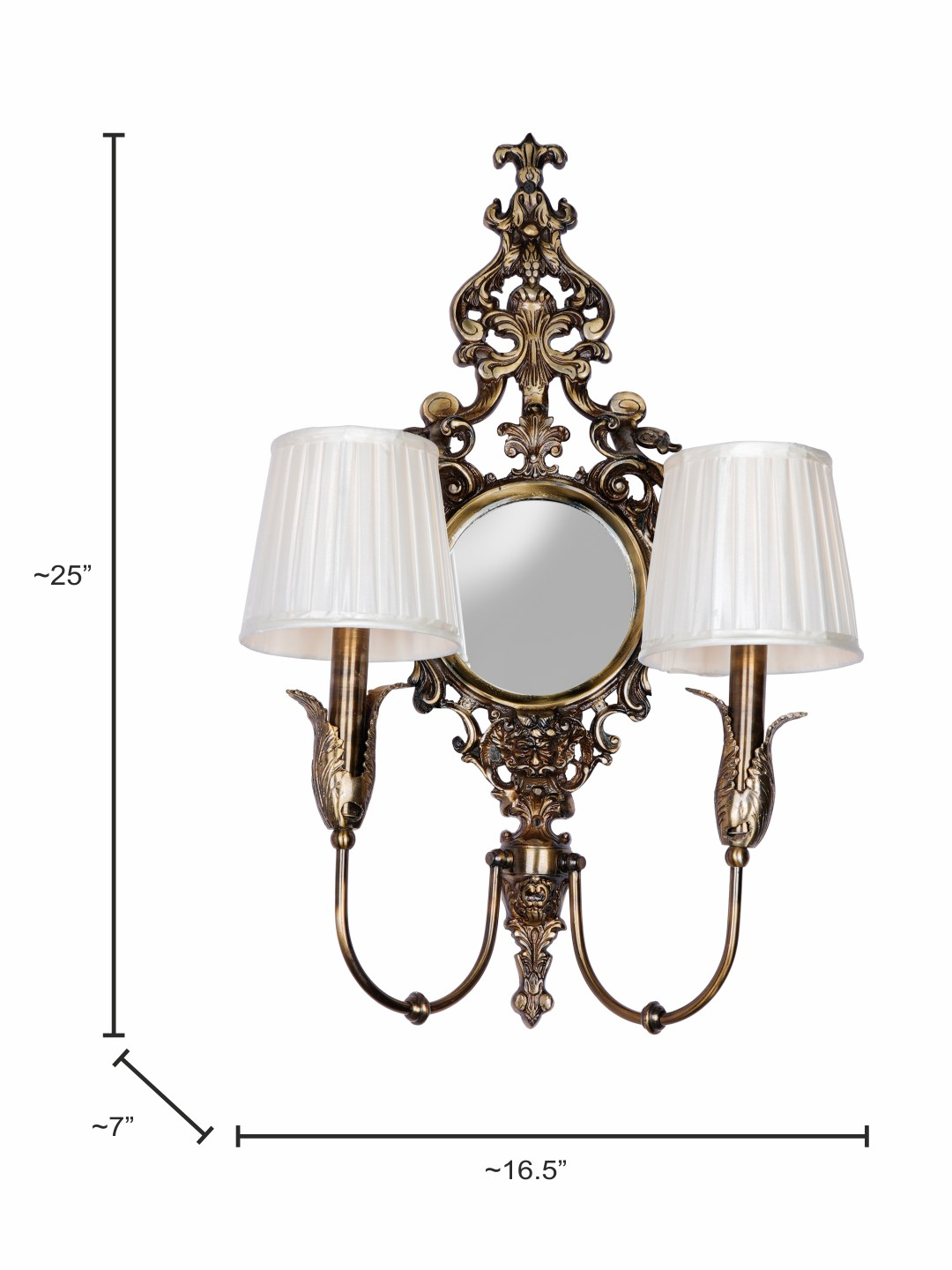 Opulent Antique Brass Wall Lamp with Mirror, Pleated Chiffon Shades