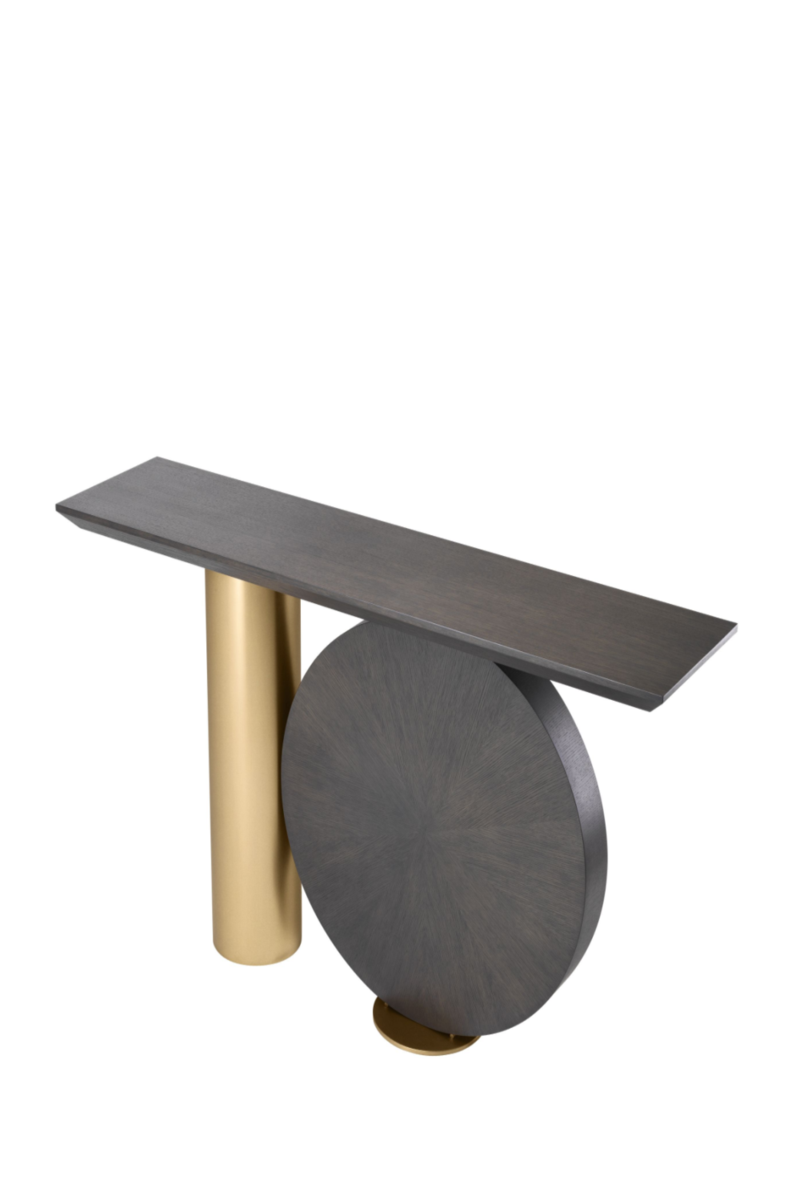 Elegant Postmodern Spring Console Table with Mocha Oak & Brass Finish