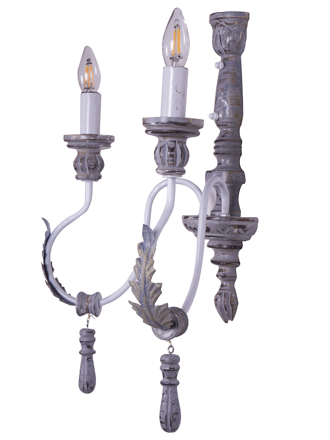 Charming Provincial Distressed Grey Wood Wrought Iron 2-Light Candelabra Wall Sconce