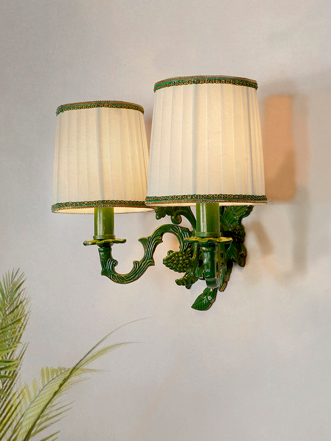 Elegant Double Green Grapevine Wall Sconce with Ivory Pleated Fabric Shades