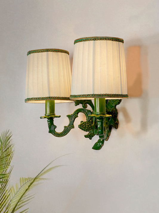 Elegant Double Green Grapevine Wall Sconce with Ivory Pleated Fabric Shades