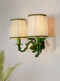 Elegant Double Green Grapevine Wall Sconce with Ivory Pleated Fabric Shades