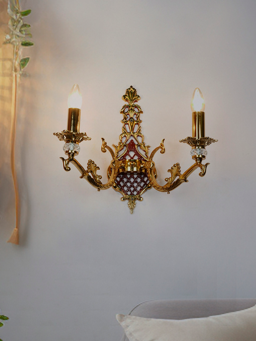 Luxury Maroon Gold 8-Light Chandelier, Kashmiri Embroidered Fabric Shades & Crystals