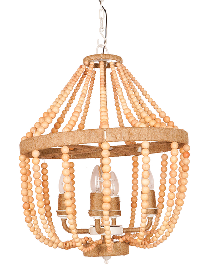 Bohemian Natural Wood Bead Empire Chandelier | Jute Wrapped 4-Light Fixture