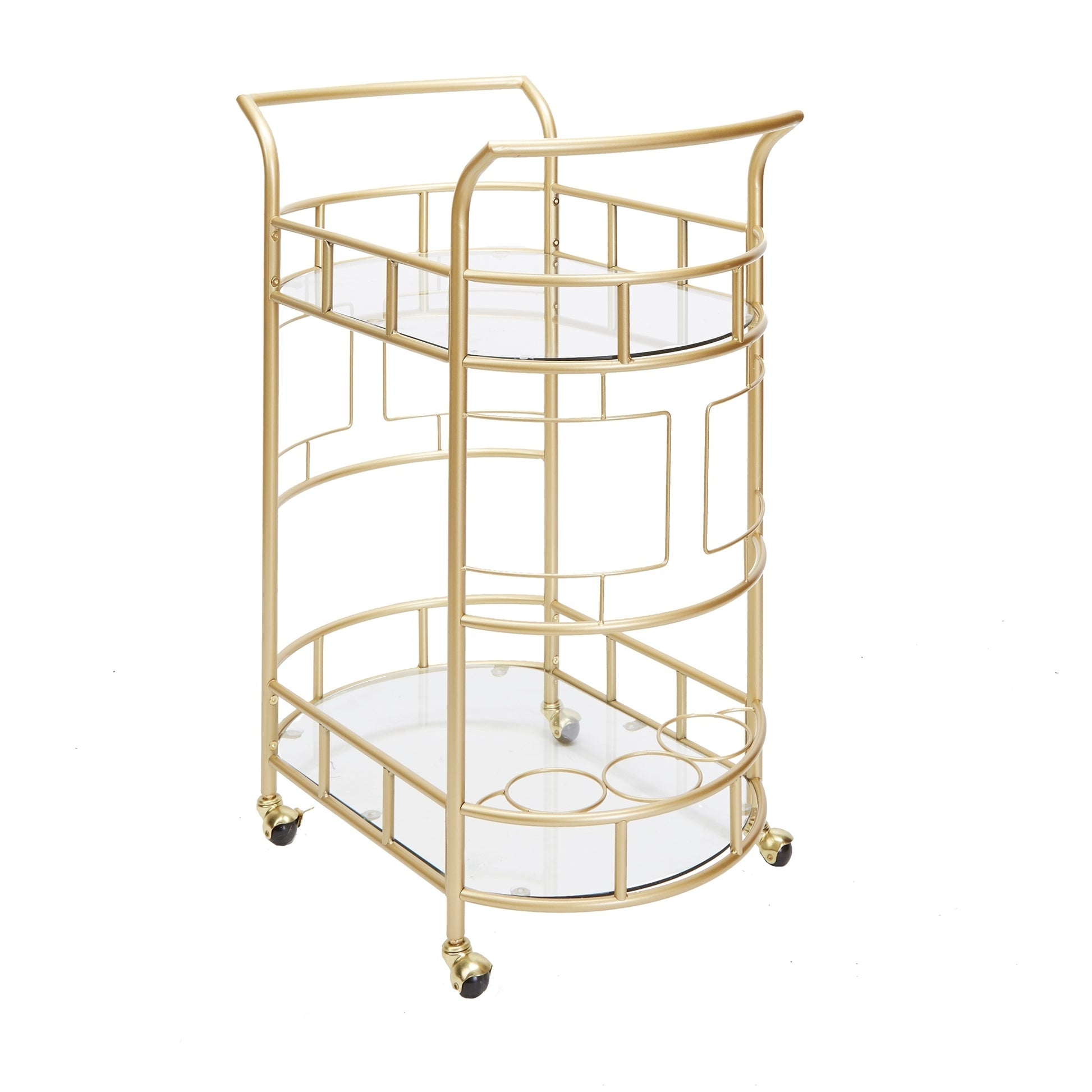 Luxurious Gold 2-Tier Serving Cart with Glass Shelves and Wine Storage