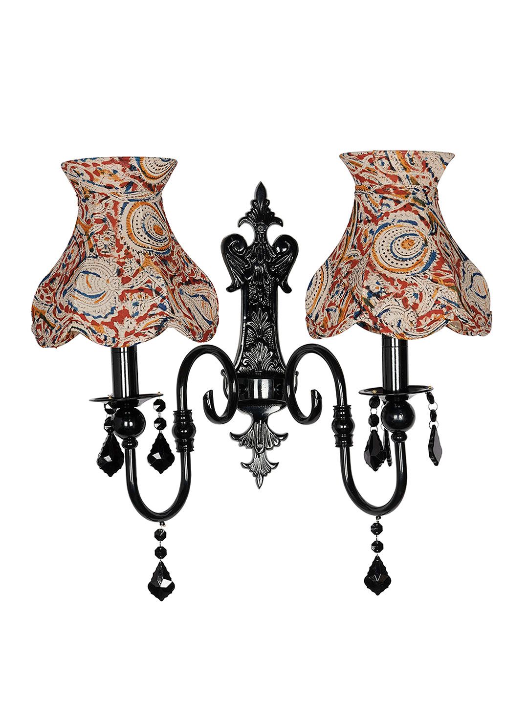 Elegant Black Double Wall Sconce with Kalamkari Shades & Sparkling Crystals