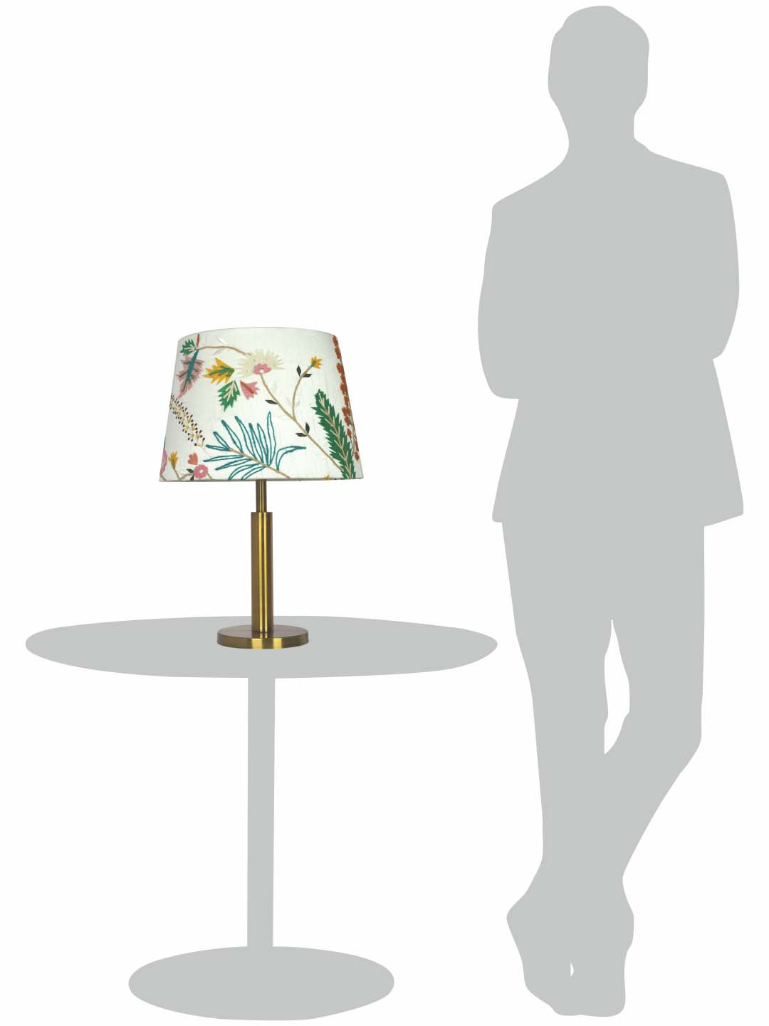 Transitional Brushed Brass Metal Table Lamp: Botanical Embroidered White Fabric Shade