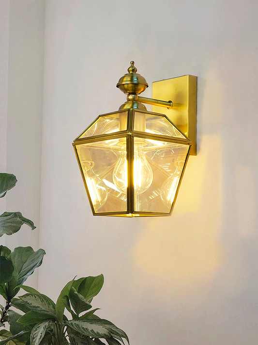 Premium Victorian Brass Trapezoid Wall Sconce | Antique Finish Clear Glass Lighting