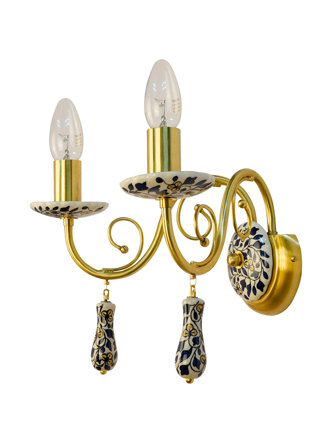 Handcrafted Blue Pottery Floral Wall Sconce: Baroque Rococo Style Ceramic Elegance
