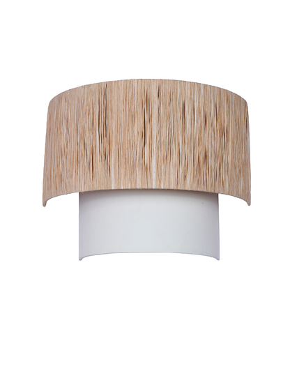 Elegant 12-inch Half Concentric Drum Wall Sconce, Raffia and White Fabric