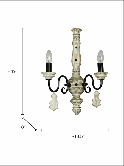 Chic French White Distressed Wooden 2-Light Rustic Candelabra Wall Sconce
