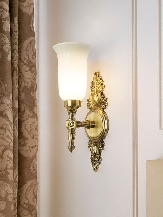 Traditional Antique Brass Aluminium Torch Wall Sconce, Milky White Glass Shade