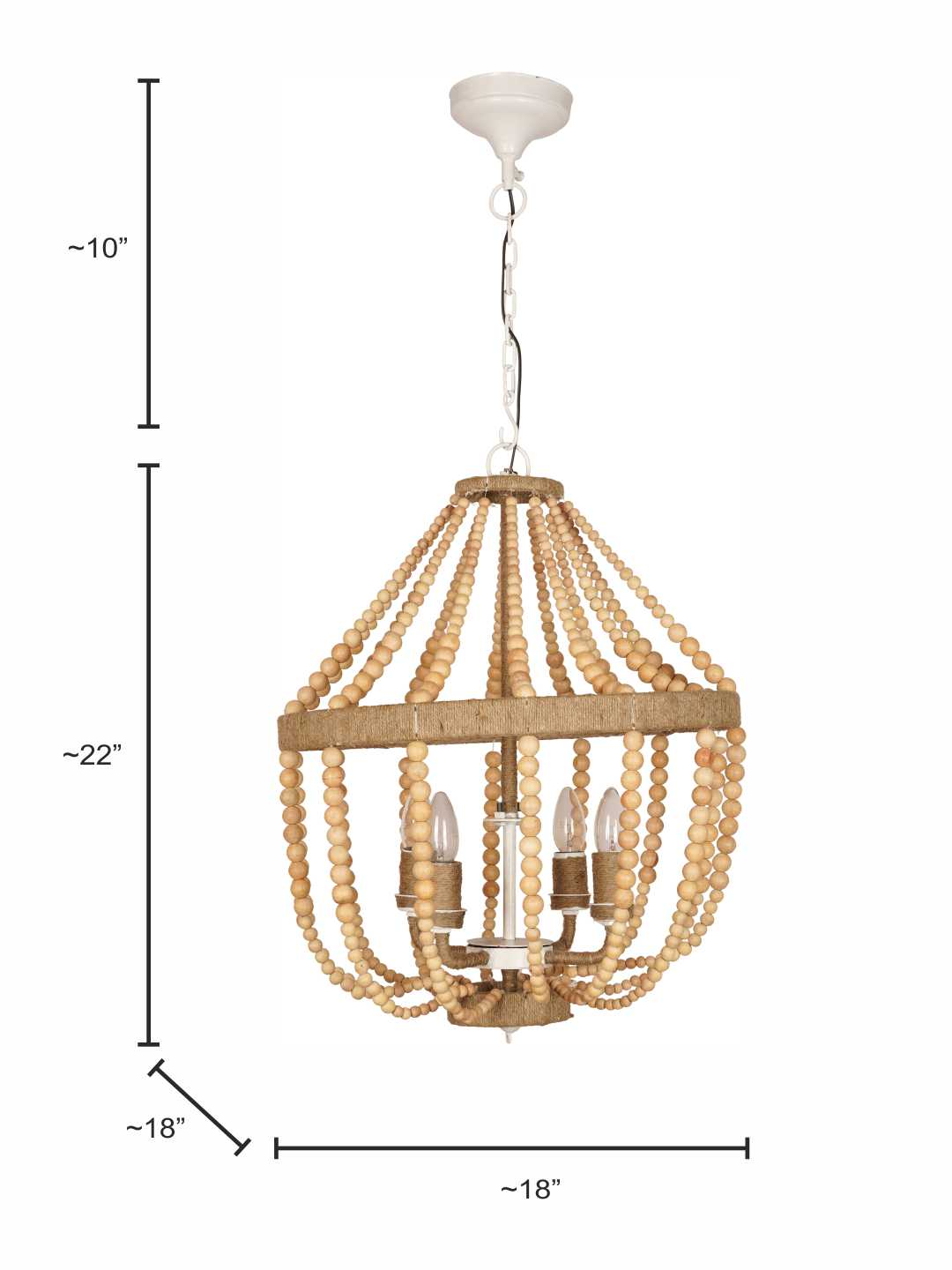 Bohemian Natural Wood Bead Empire Chandelier | Jute Wrapped 4-Light Fixture
