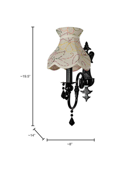 Elegant Black Wall Sconce with Green Embroidered Scalloped Shade & Sparkling Crystals