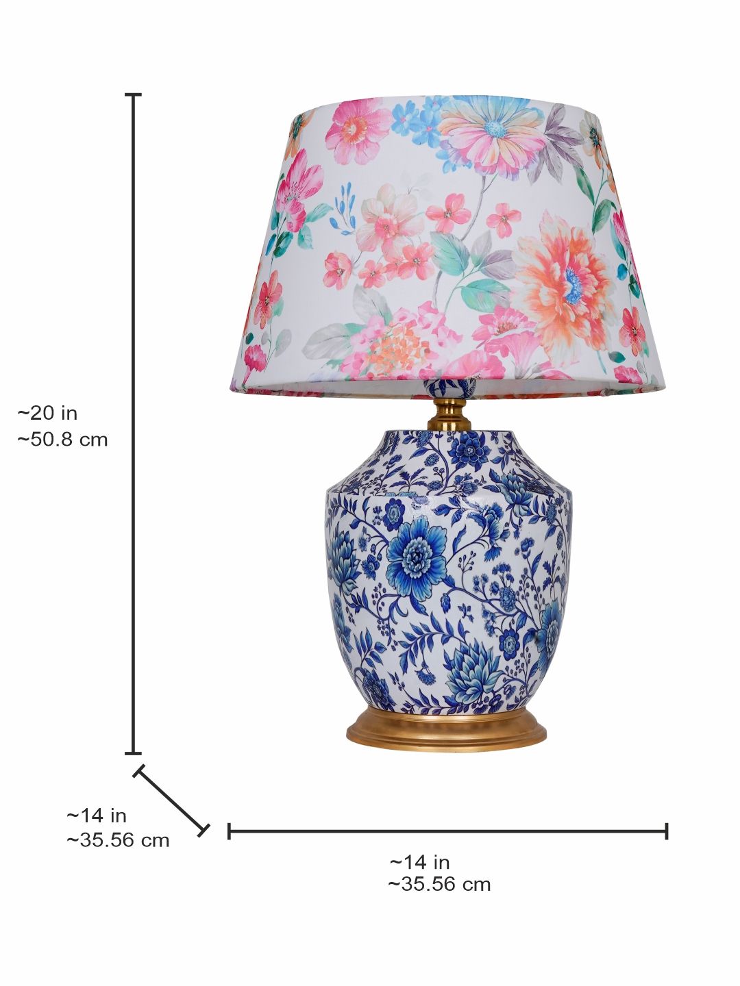 Charming Eclectic Blue Pottery Print Table Lamp with Floral Fabric Shade