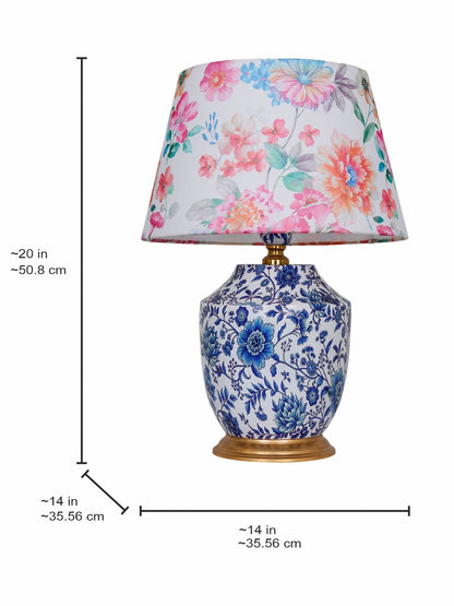 Charming Eclectic Blue Pottery Print Table Lamp with Floral Fabric Shade