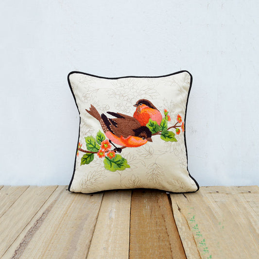 Embroidered Love Birds Cotton Throw Pillow Cover Off‑White