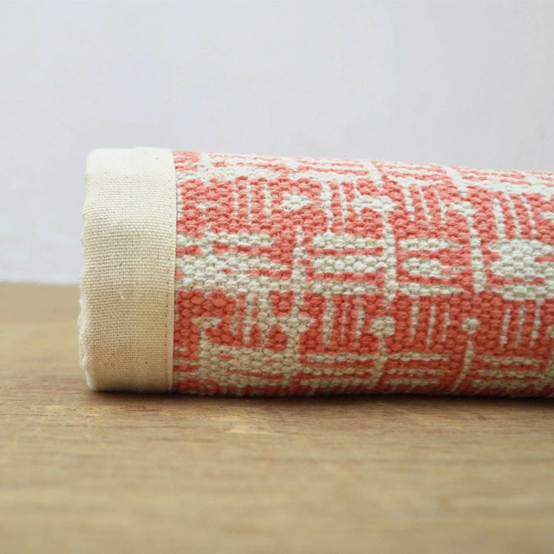 Coral & Off-White Cotton Flatweave Rug | Basket Weave Print | Dhurrie | 3 Sizes