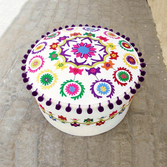 Handcrafted Off White Suzani Pouf Cover with Multicolor Embroidery