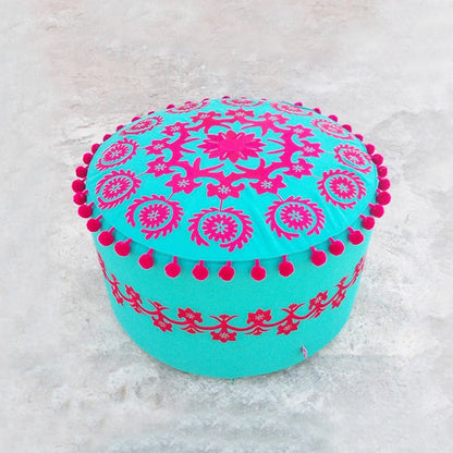 Turquoise Bohemian Suzani Pouf Cover with Pink Pompoms – 55x30 cm