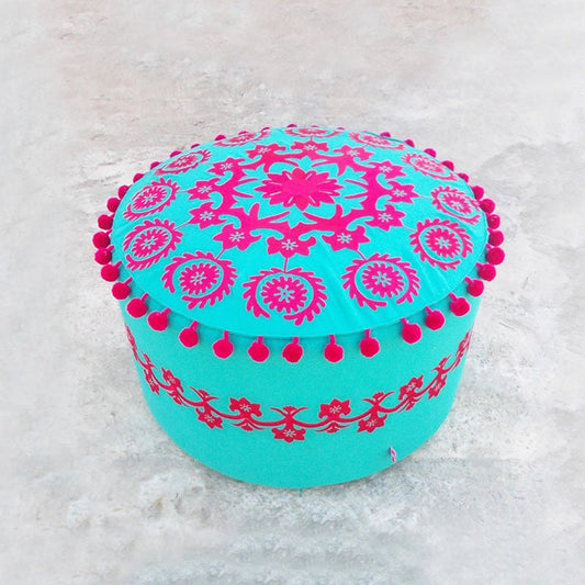 Turquoise Bohemian Suzani Pouf Cover with Pink Pompoms – 55x30 cm
