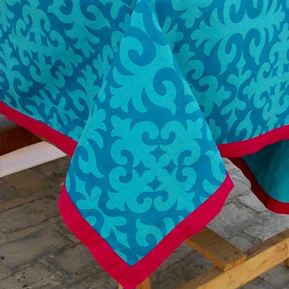 Vibrant Turquoise Shyrdak Print Cotton Tablecloth - Moroccan Pattern Home Decor