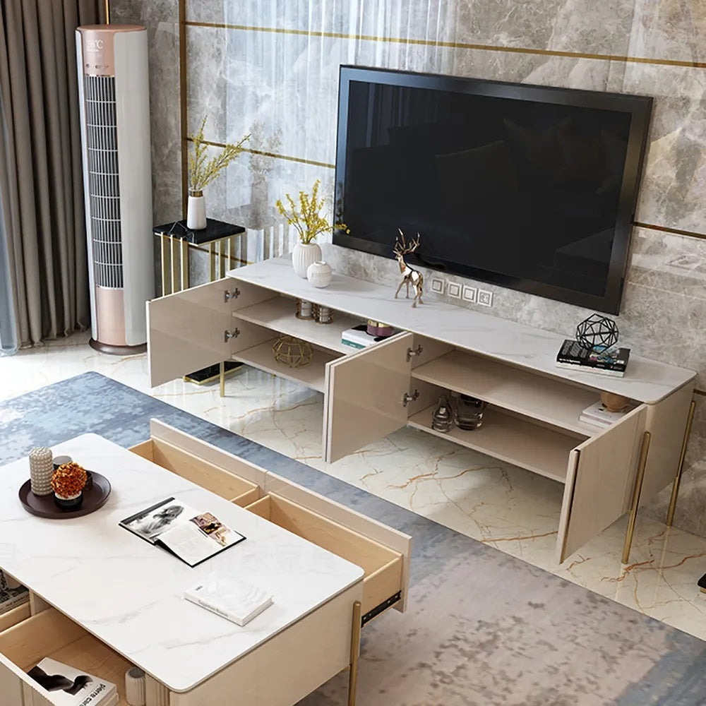 Modern Fluted Gold Finish TV Entertainment Unit with Storage for 80-inch Televisions