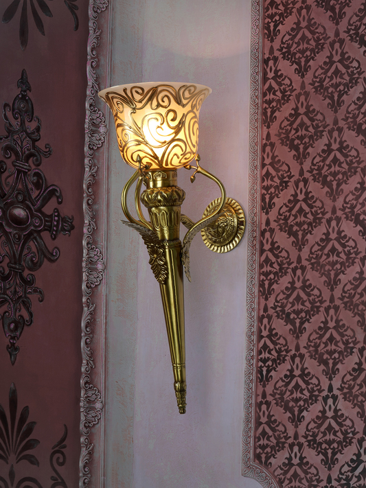 Traditional Antique Gold Brass Torch Mashal Wall Lamp Handpainted Glass Sconce