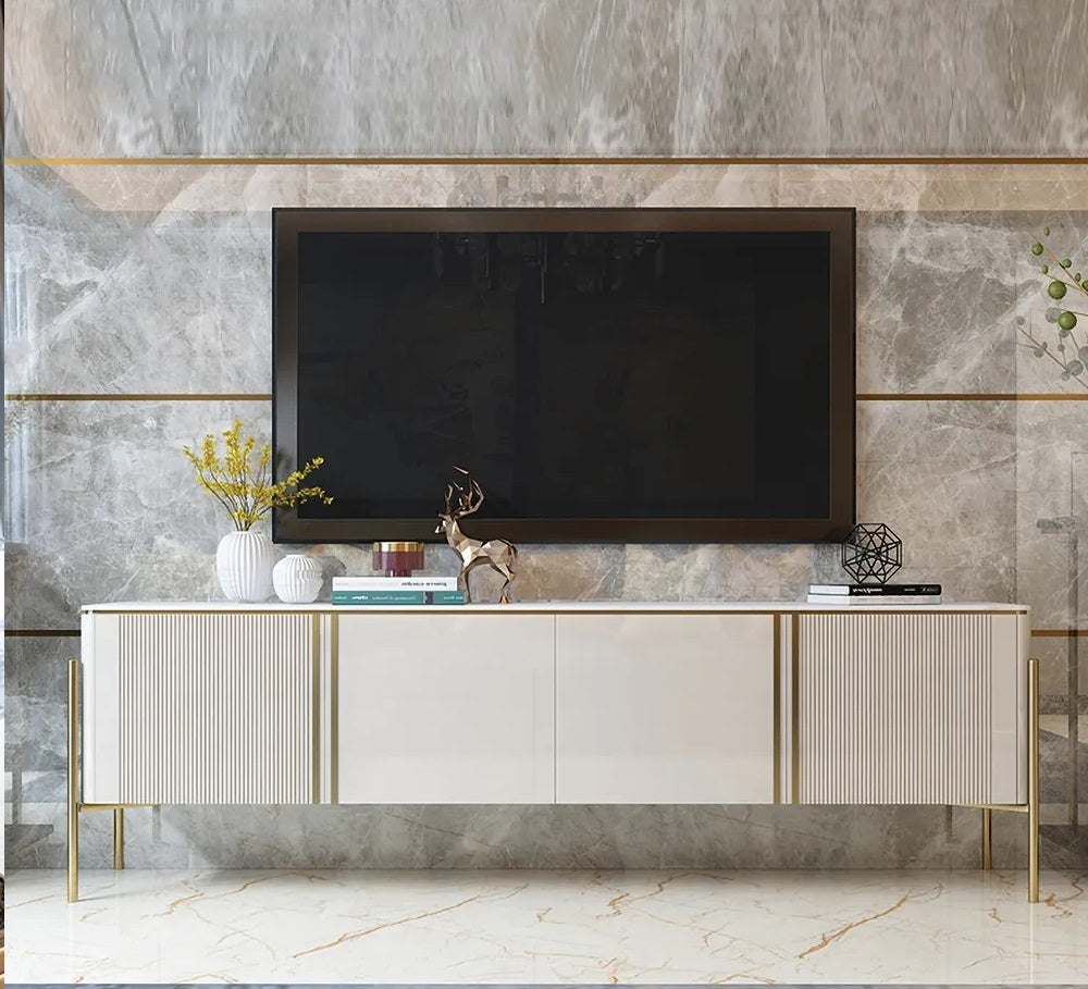 Modern Fluted Gold Finish TV Entertainment Unit with Storage for 80-inch Televisions