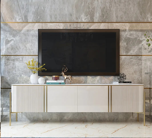 Modern Fluted Gold Finish TV Entertainment Unit with Storage for 80-inch Televisions