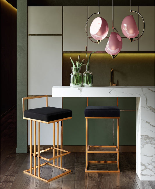 Luxurious Trevi Black Velvet Counter Stool with Gold Steel Frame and Footrest