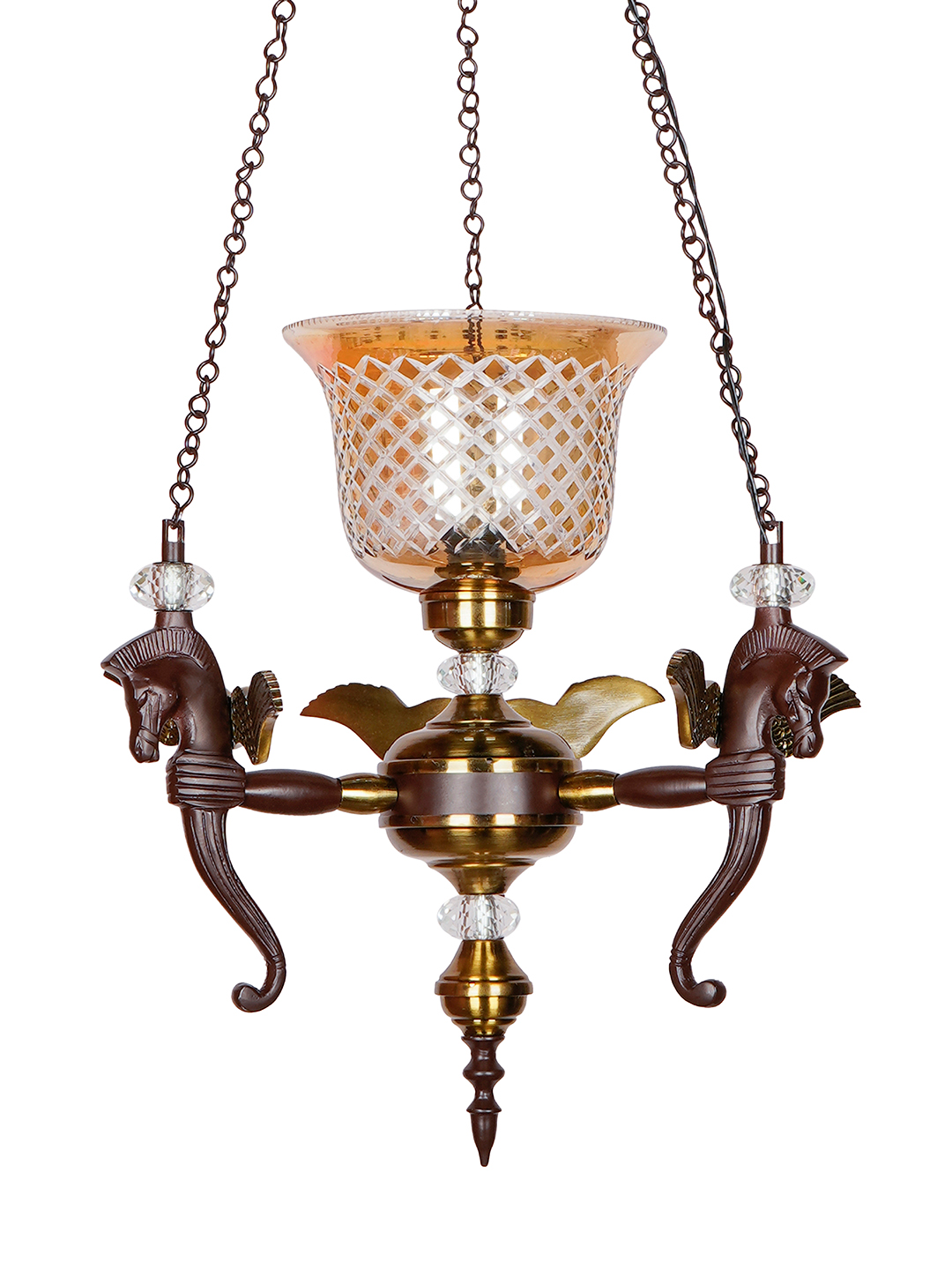Elegant Vintage Pegasus Pendant Chandelier with Golden Luster CutGlass Shade, Crystal Accents