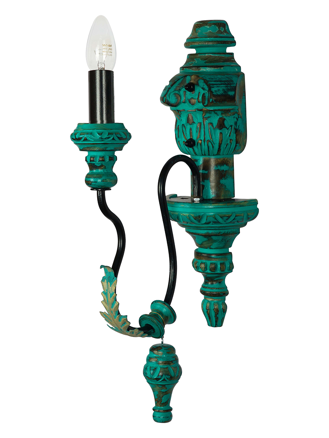 Emerald Green Distressed Wooden Wall Sconce with Candelabra Design