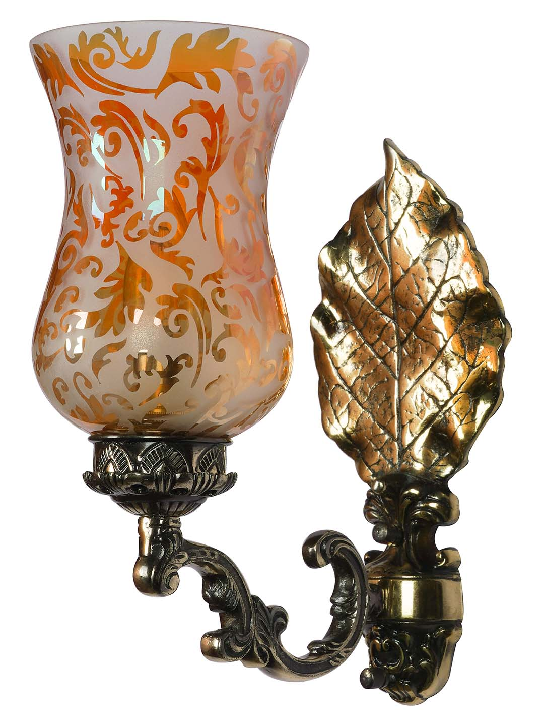 Traditional Betel Leaf Aluminium Wall Sconce with Golden Etched Glass Design
