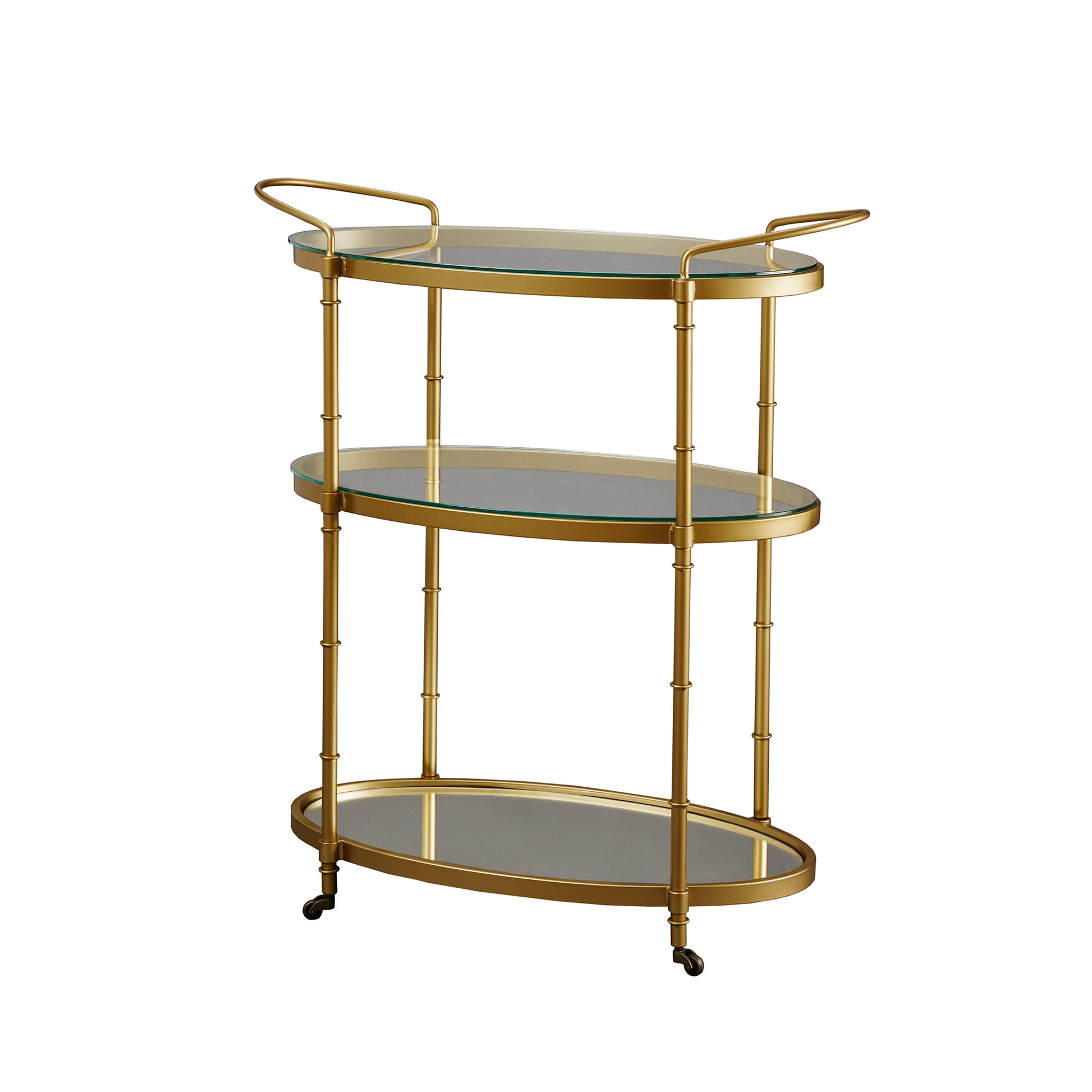 Luxurious Antique Gold Finish Rolling Bar Cart with Glass Shelves