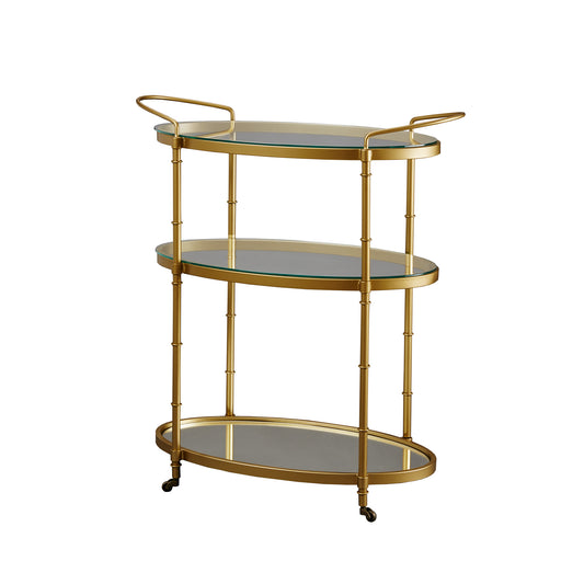 Luxurious Antique Gold Finish Rolling Bar Cart with Glass Shelves
