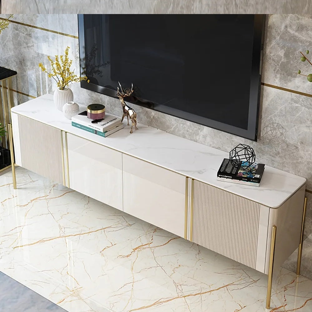 Modern Fluted Gold Finish TV Entertainment Unit with Storage for 80-inch Televisions
