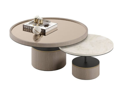 Stylish Nested Peace Coffee Table Set | Wood Veneer, Marble, Bronze Top