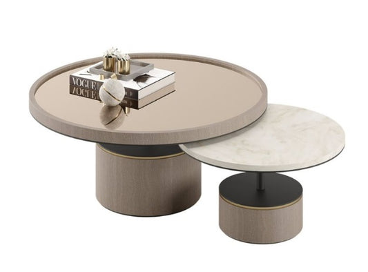 Stylish Nested Peace Coffee Table Set | Wood Veneer, Marble, Bronze Top