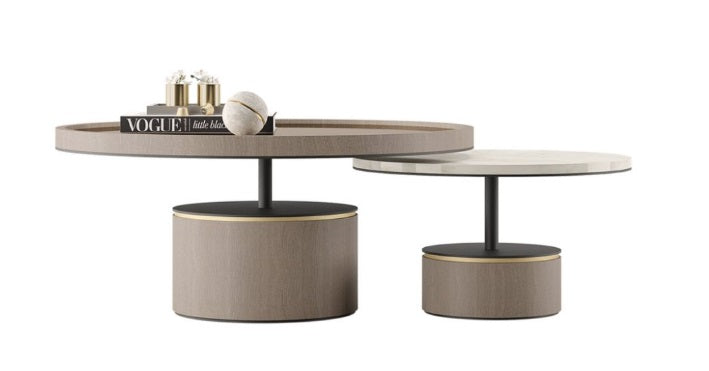 Stylish Nested Peace Coffee Table Set | Wood Veneer, Marble, Bronze Top