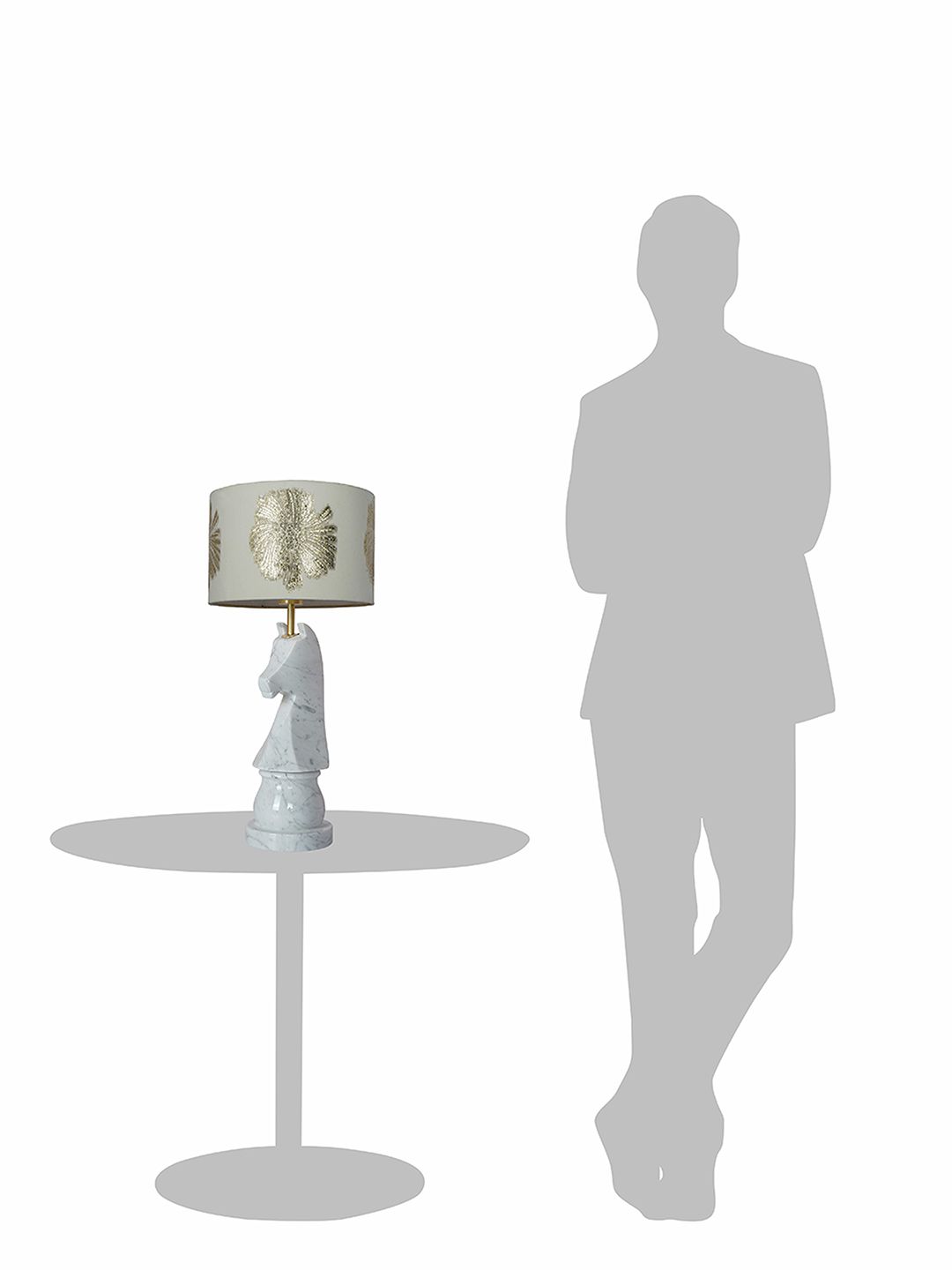 Statuario Marble Chess Knight Table Lamp with Gold Embroidered Drum Shade