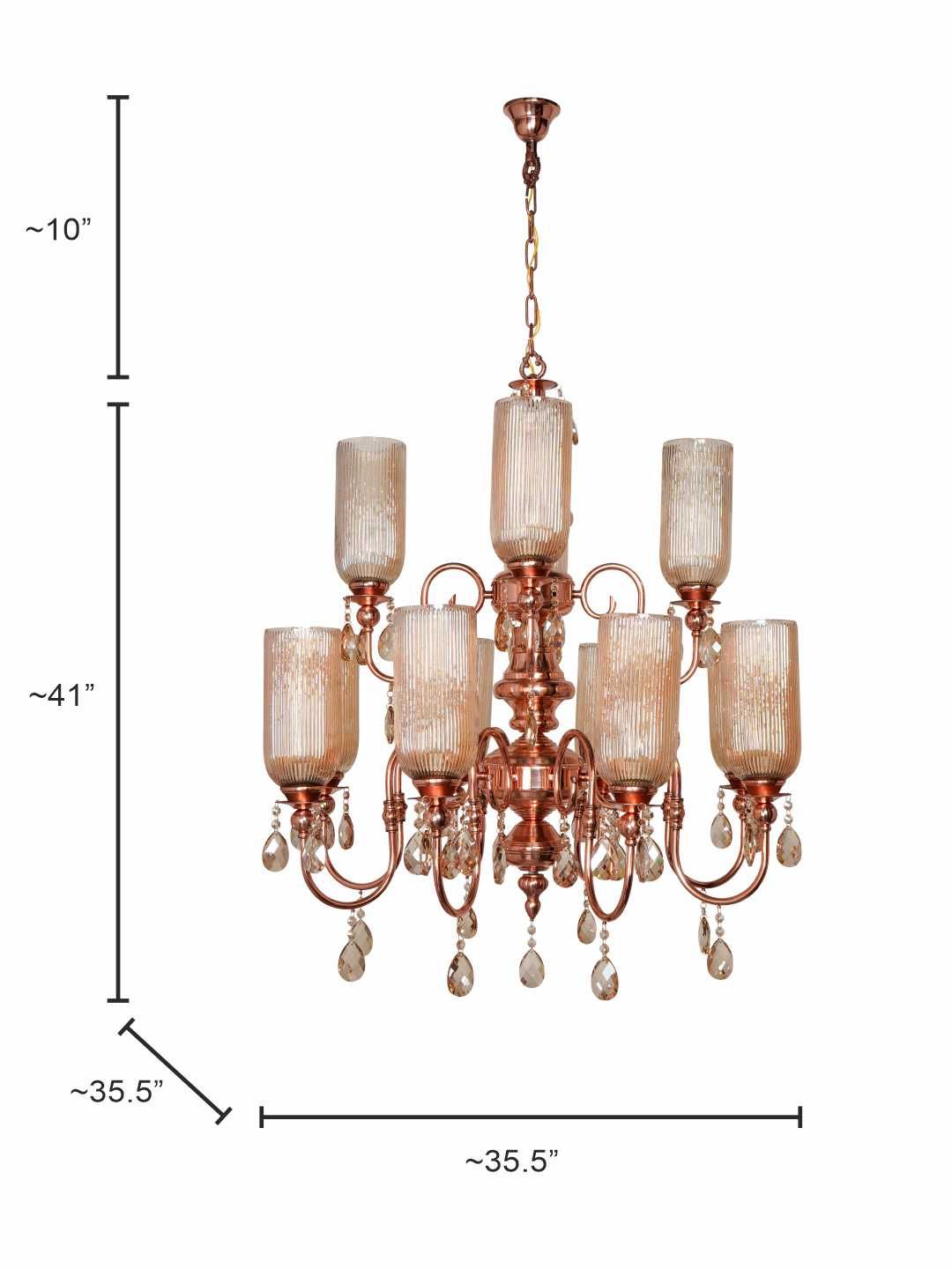 Grand Polished Copper Chandelier: Fluted Luster Glass, Honey Crystals