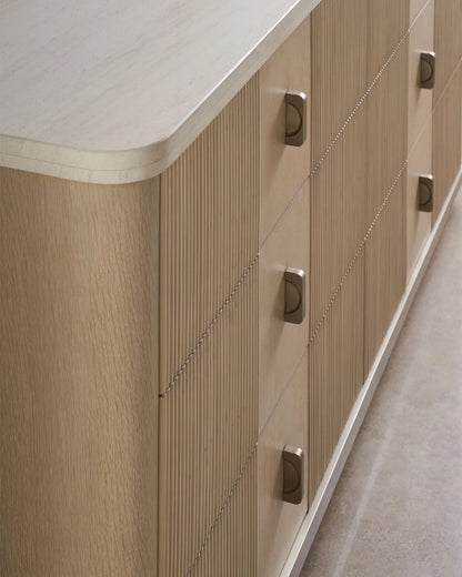 Elegant Rhythm Chest: Six Drawer Modern Oak Finish Console with Marble Top
